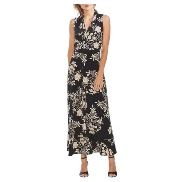 Vince Camuto Black & Beige Floral Maxi Dress Large - Picture 1 of 9